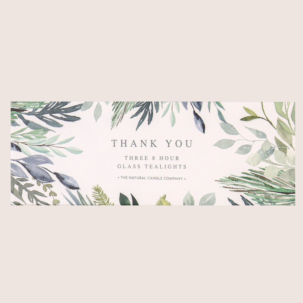 Three glass tealights in a leafy green 'thank you' sleeve