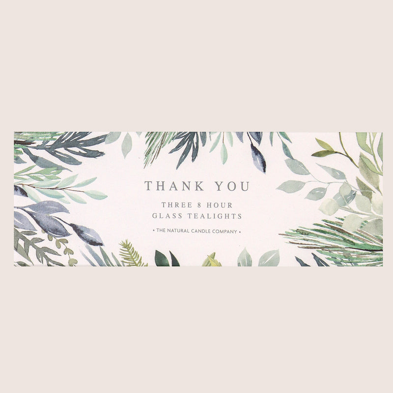 Three 'thank you' tealights in green leafy sleeve