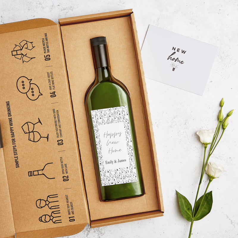 Letterbox-friendly wine bottle with personalised 'happy new home' wine label and new home greetings card