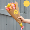 Full-size bouquet variant of the yellow, pink & purple dried flower bouquet with personalised teacher's name sticker