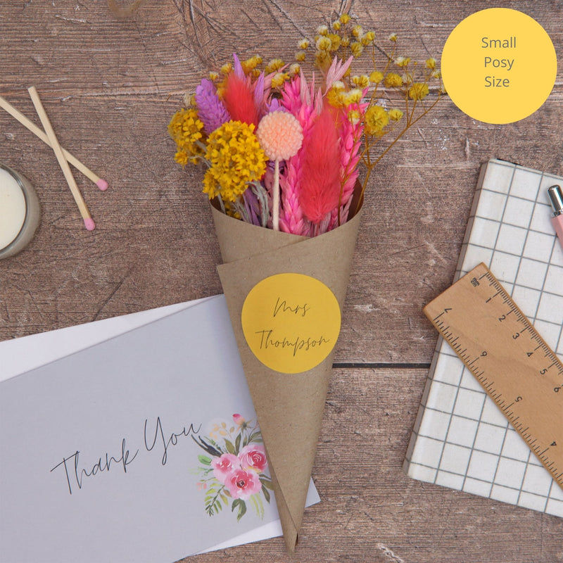 Small posy size variant of the bright, summer thank you teacher dried flower posy with thank you greetings card
