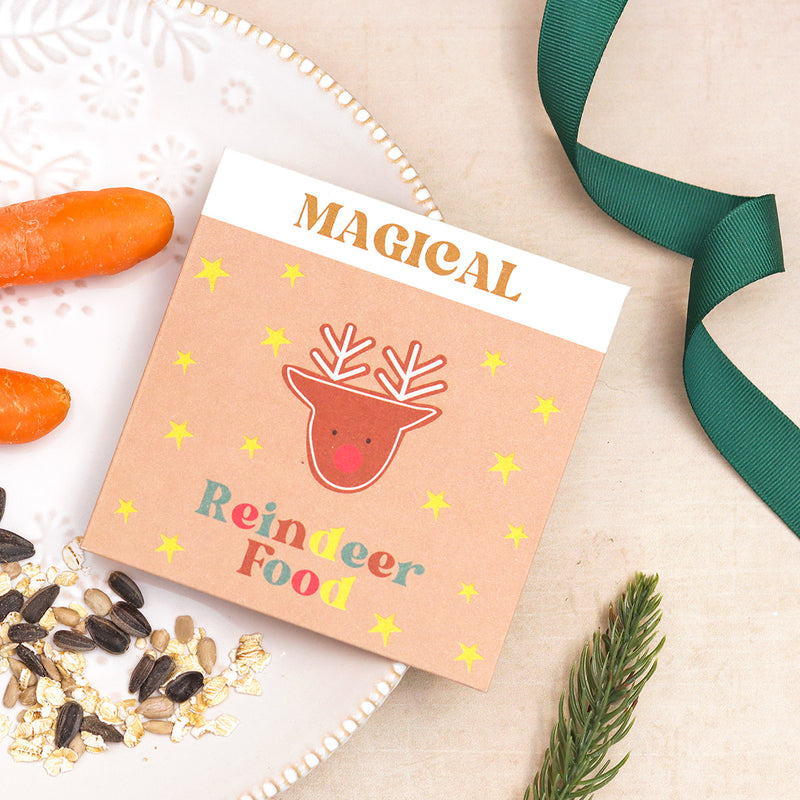 Magical reindeer food envelope with reindeer image containing seeds and oats