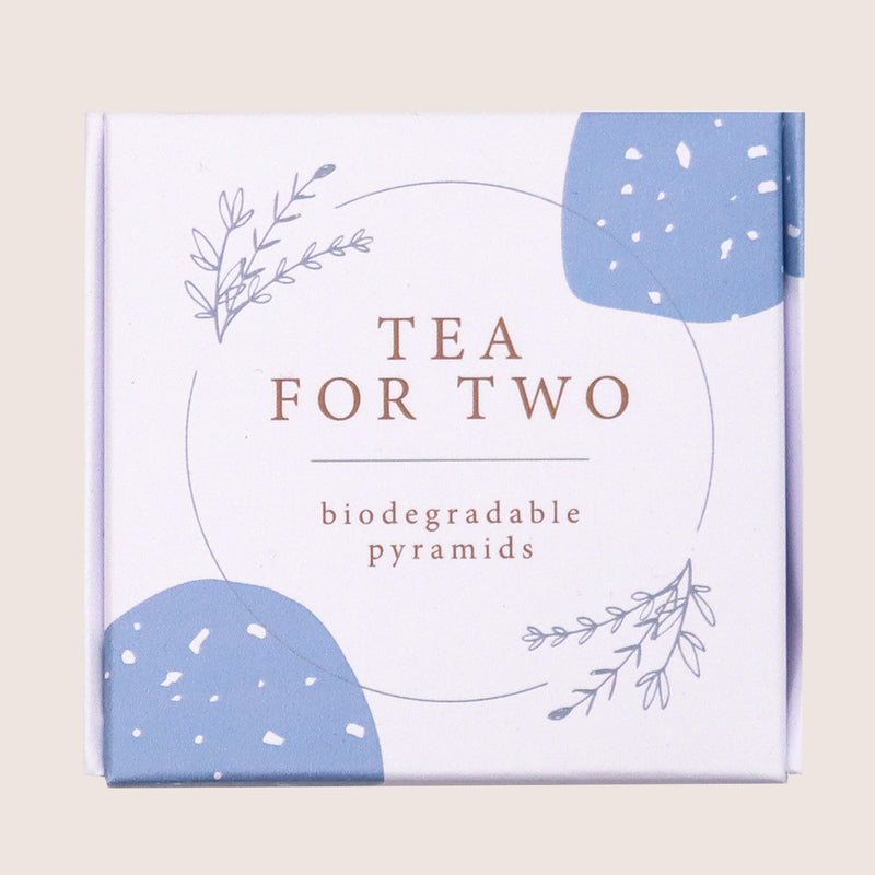 Tea for Two darjeeling tea pyramids in a blue and white recyclable cardboard box 