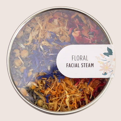 Floral facial steam tin containing rose petals, lavender, marigold, cornflower and chamomile