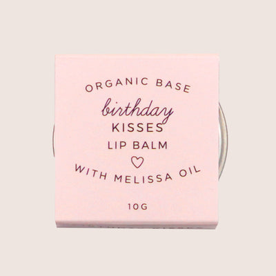 Birthday kisses lip balm with melissa oil in tin with pink band