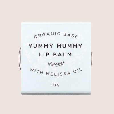 'Yummy Mummy Lip Balm' with Melissa Oil in 10g tin with pale blue sleeve