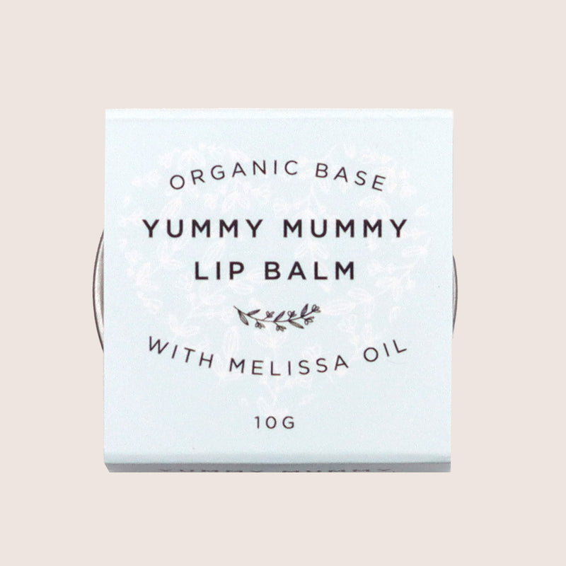 'Yummy Mummy Lip Balm' with Melissa Oil in 10g tin with pale blue sleeve