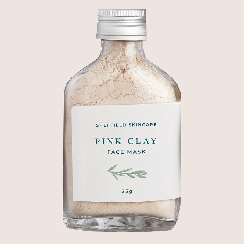 pink clay face mask in 25g glass bottle