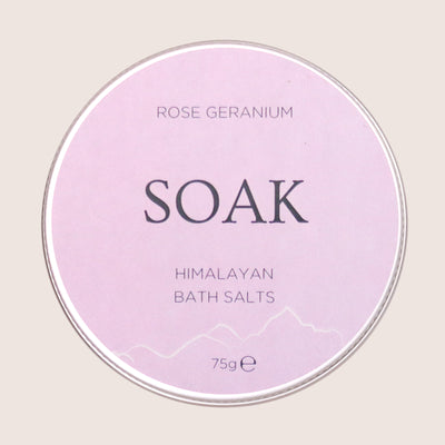 'Soak' rose geranium himalayan bath salts in 75g tin with purple label