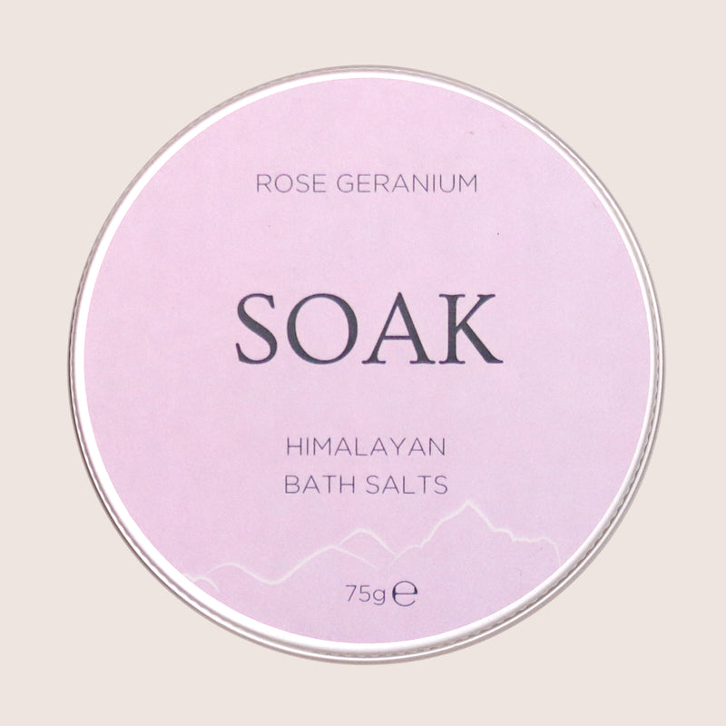 'Soak' rose geranium himalayan bath salts in 75g tin with purple label