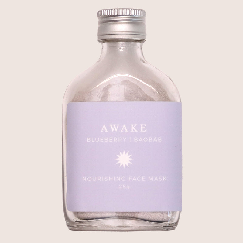 'Awake' blueberry & baobab clay face mask in 25g glass bottle