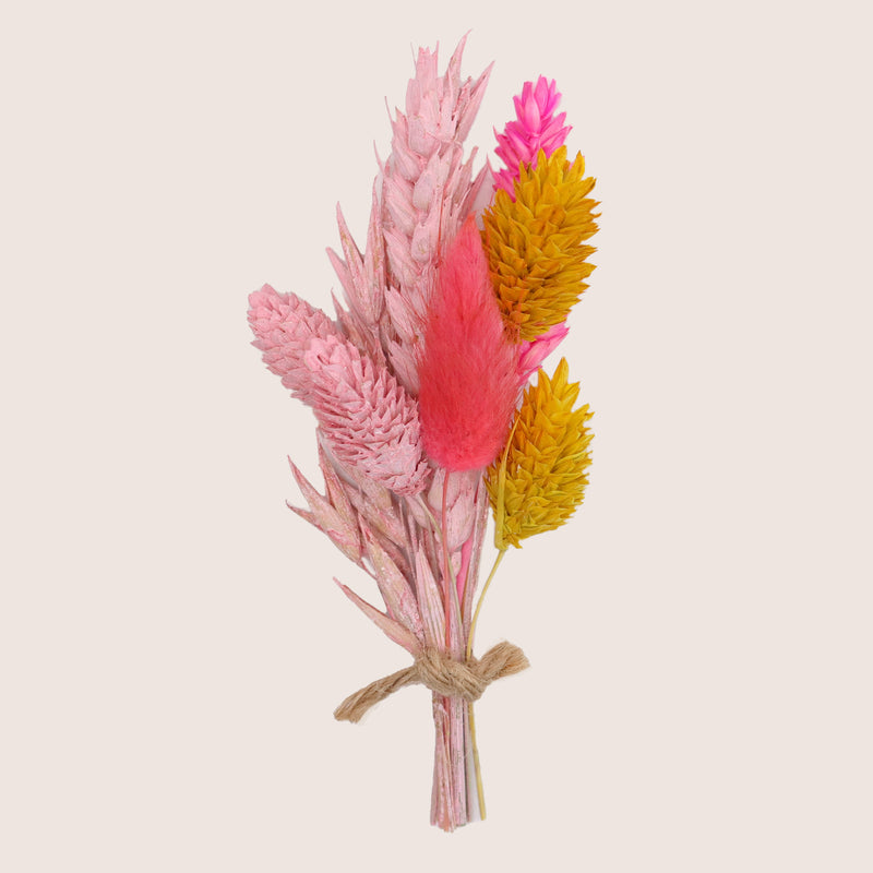 Mini dried flower posy containing bright pink & yellow flowers
