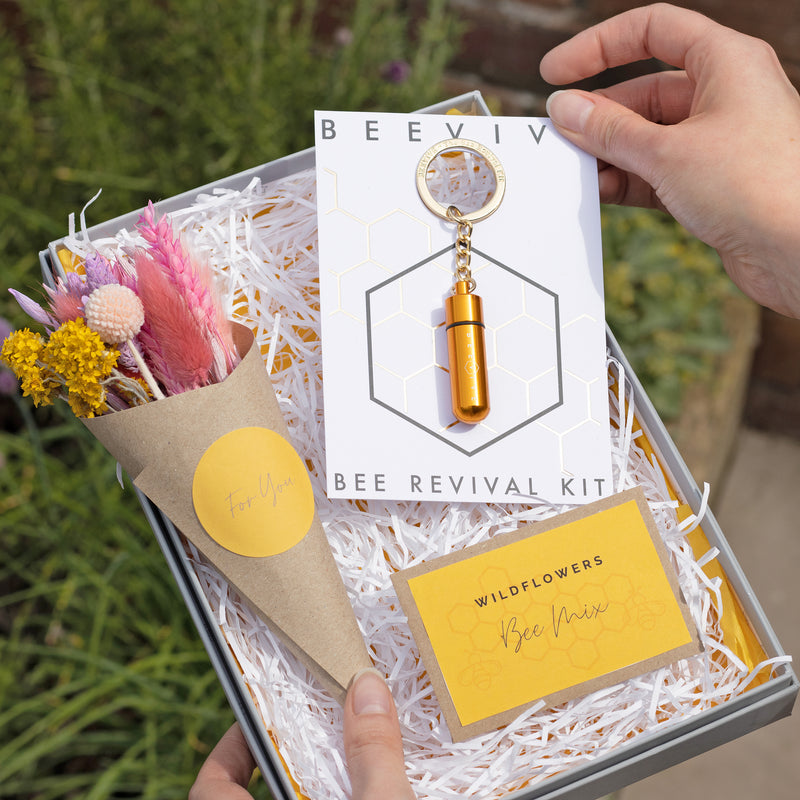 Summer bee letterbox gift set containing gold keyring bee revival kit, bee-friendly wildflower seeds and bright summer dried flower posy