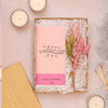 Mini Valentine's gift set containing 'happy valentine's day' salted caramel chocolate bar & pastel pink dried flower posy in a kraft box