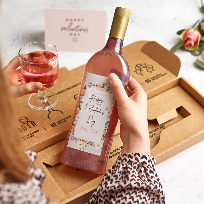 Letterbox-friendly rose wine with personalised 'Happy Valentine's Day' wine label