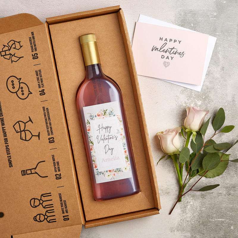 Letterbox-friendly rose wine with personalised 'Happy Valentine's Day' wine label and greetings card