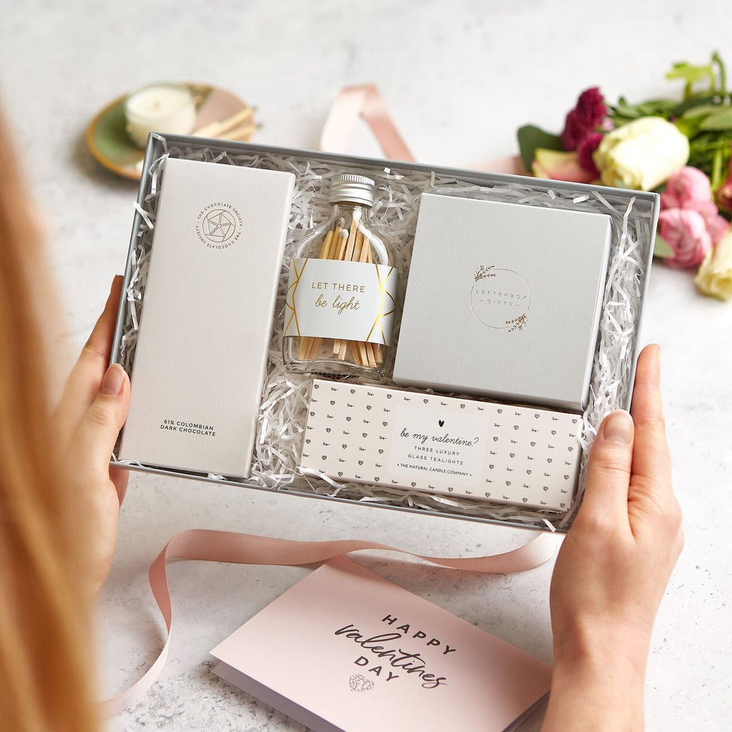 'Valentine's Night In' letterbox gift set containing chocolate bar, matches, butterscotch truffles and be my Valentine? tealights in pink design