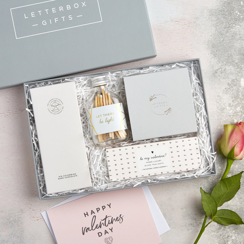 'Valentine's Night In' letterbox gift set containing chocolate bar, matches, butterscotch truffles and be my Valentine? tealights in pink design