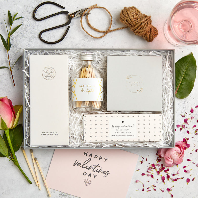 'Valentine's Night In' letterbox gift set containing chocolate bar, matches, butterscotch truffles and be my Valentine? tealights in pink design