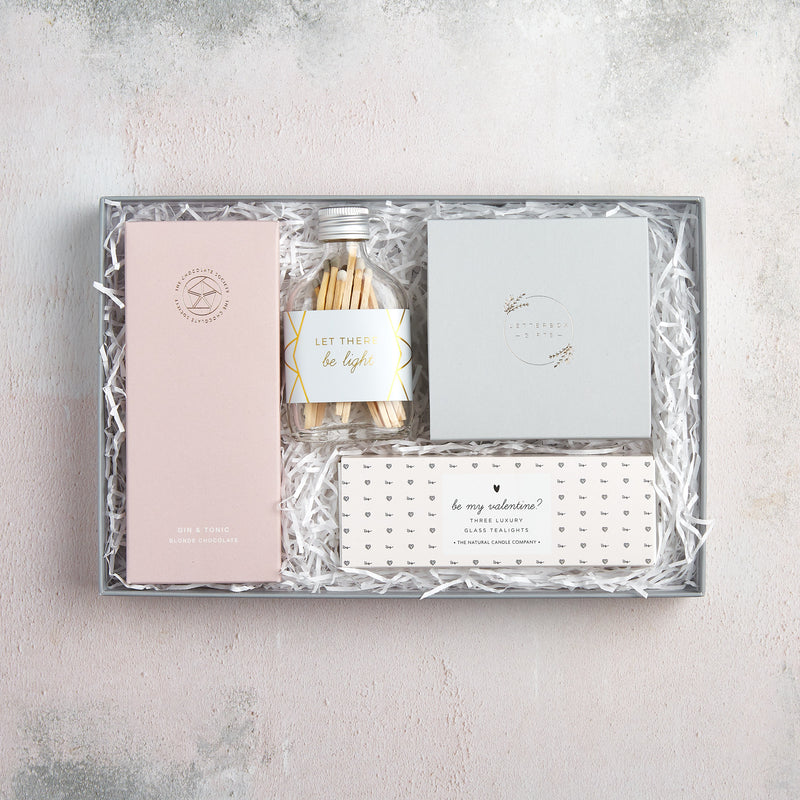 'Valentine's Night In' letterbox gift set containing chocolate bar, matches, butterscotch truffles and be my Valentine? tealights in pink design