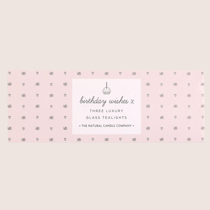 Three glass tealights in pale pink 'birthday wishes' box