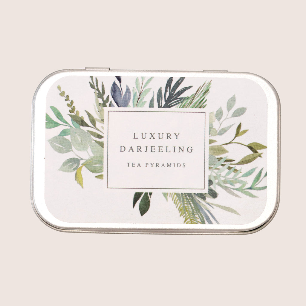 Luxury darjeeling tea pyramids in a tin with leafy green design label