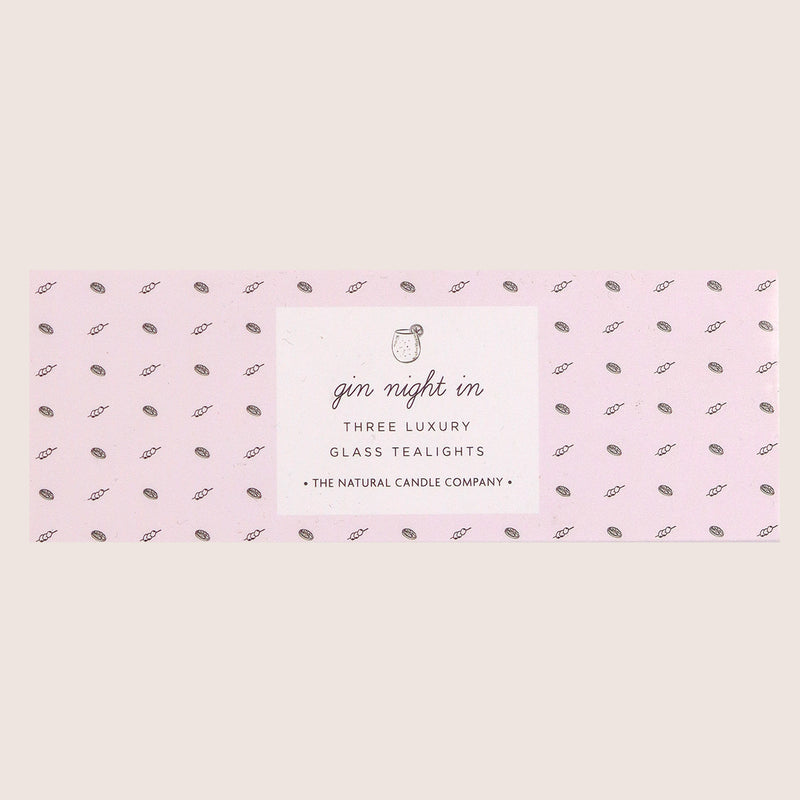 three glass tealights in a 'gin night in' pale pink box