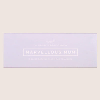 Three 'Marvellous Mum' tealights in pastel purple sleeve