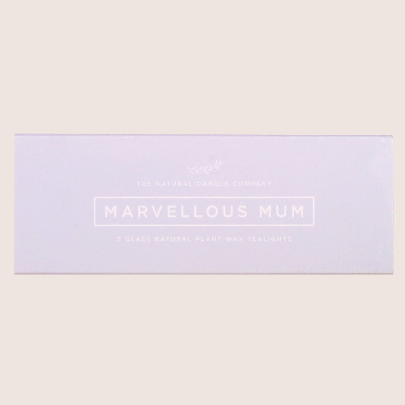 Three 'Marvellous Mum' tealights in pastel purple sleeve