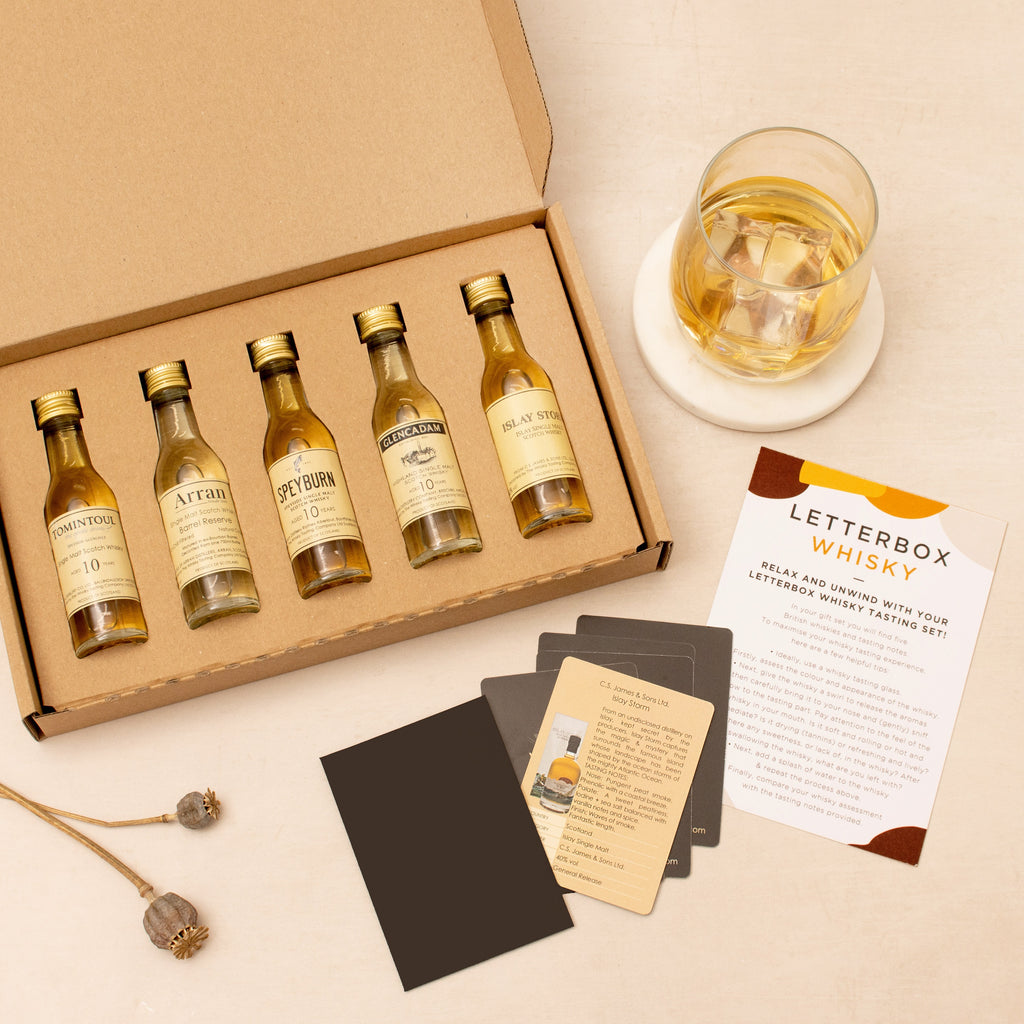 Whisky tasting gift set containing 5 single malt whiskys and tasting cards in a letterbox-friendly gift box